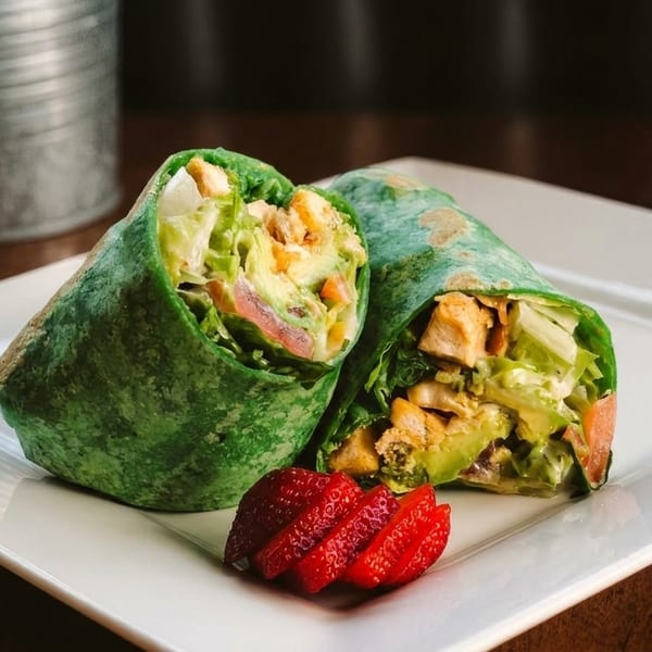 Two green wraps filled with chicken, avocado, and lettuce, served with sliced strawberries.