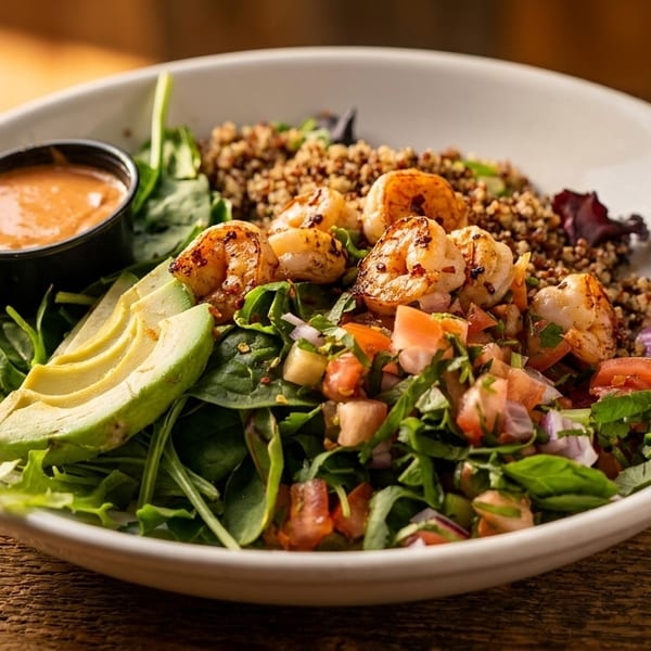 Fresher LA's shrimp and quinoa bowl with avocado, salsa, and dressing on a wooden table.