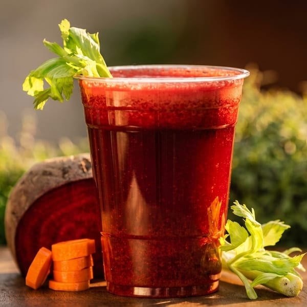 Red beet juice in a plastic cup with celery, sliced carrots, and a beet on a wooden table.