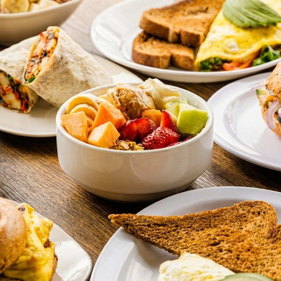 Table laden with breakfast items: omelet, toast, fruit bowl, bagel sandwiches, and a breakfast burrito.