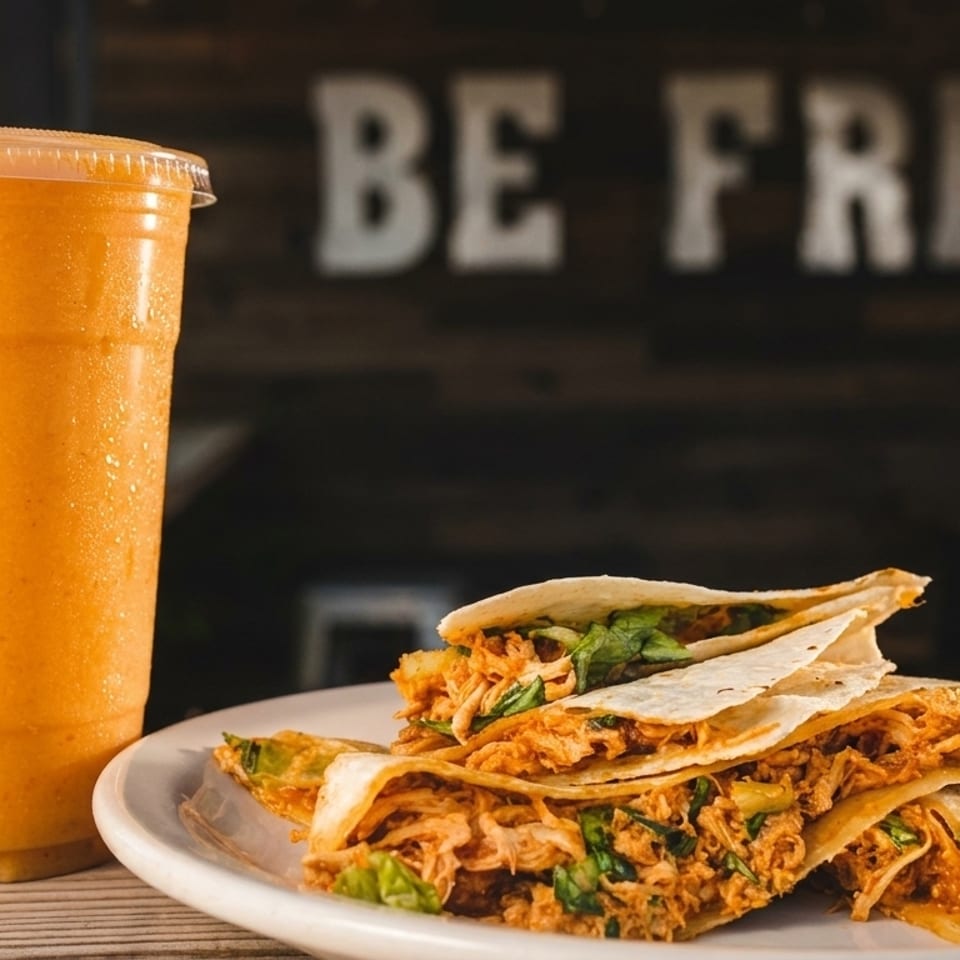 Chicken quesadillas and an orange smoothie on a wooden table with a "BE FRESH" sign.