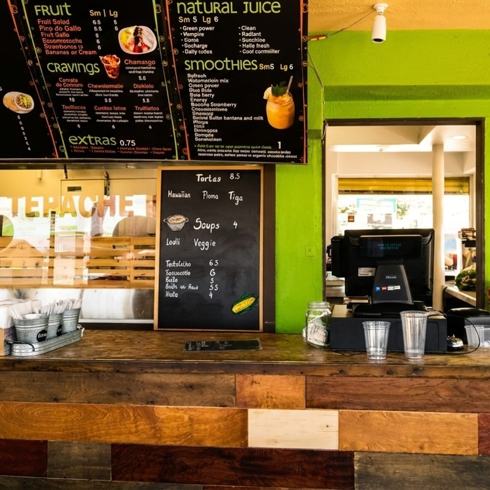 A vibrant green juice bar interior with a wooden counter, menu boards, and a person working behind the counter.